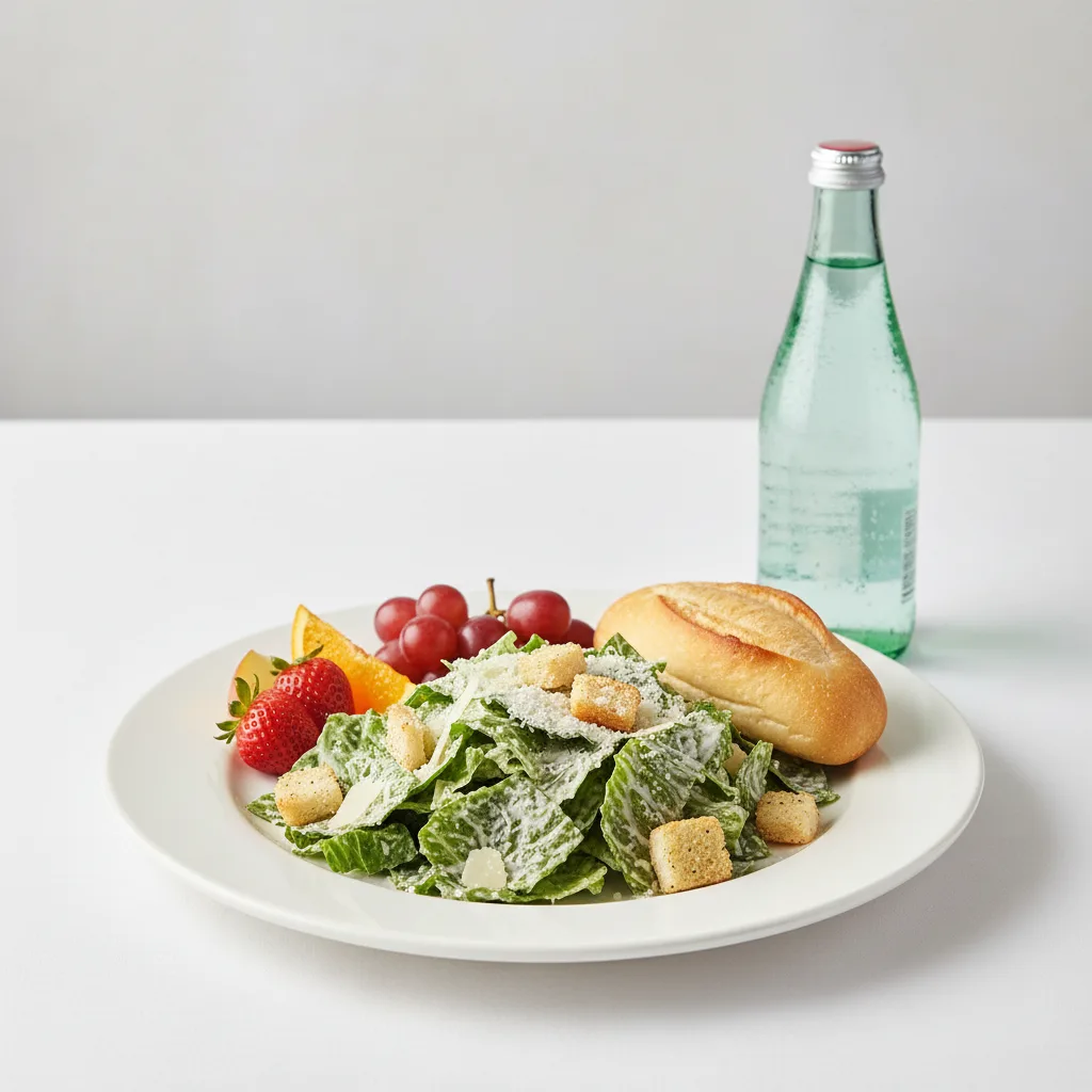 Caesar House Salad, Fruit, Sparkling Water Caesar House Salad, Fruit, Sparkling Water
