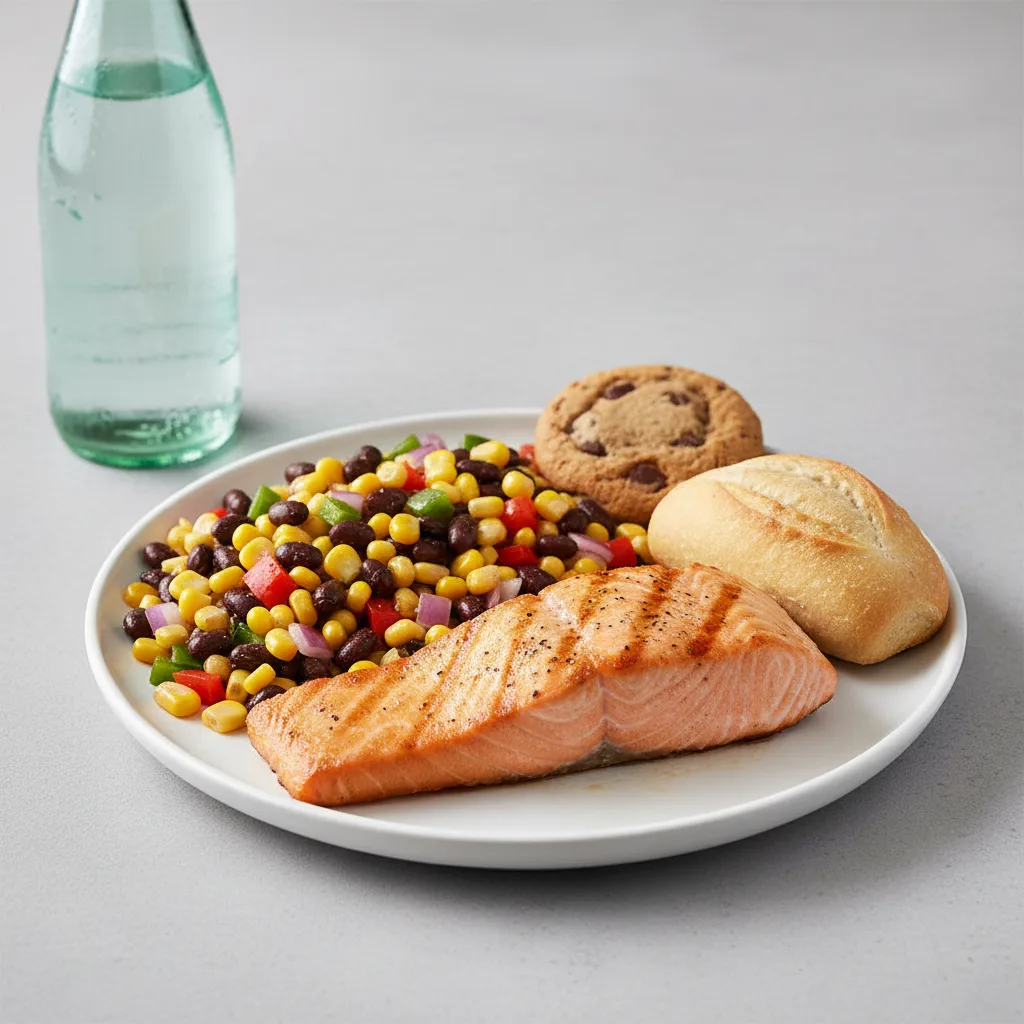 Grilled Salmon, Corn and Black Bean Salad, Cookie, Sparkling Water Grilled Salmon, Corn and Black Bean Salad, Cookie, Sparkling Water