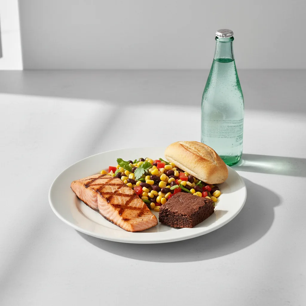 Grilled Salmon, Corn and Black Bean Salad, Brownie, Sparkling Water Grilled Salmon, Corn and Black Bean Salad, Brownie, Sparkling Water