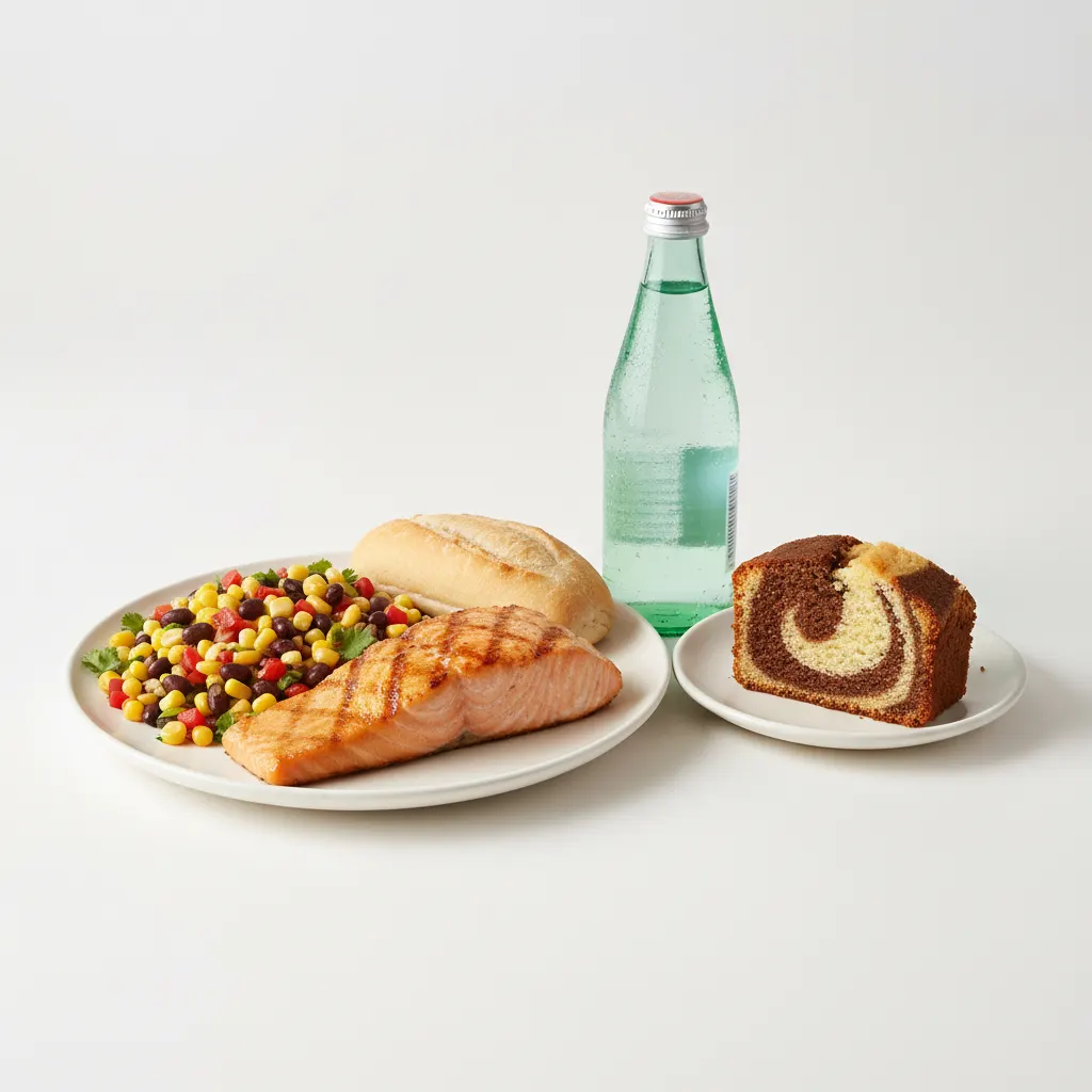 Grilled Salmon, Corn and Black Bean Salad, Poundcake, Sparkling Water Grilled Salmon, Corn and Black Bean Salad, Poundcake, Sparkling Water