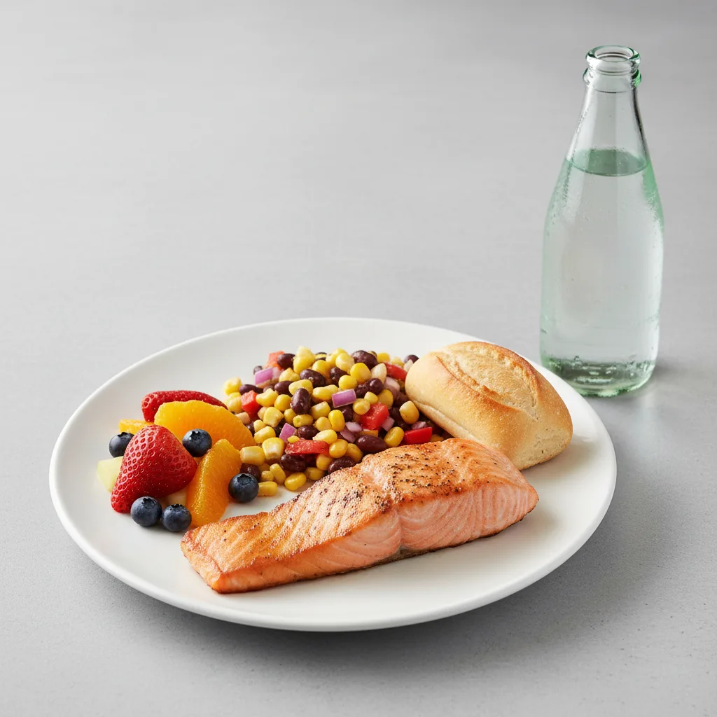 Grilled Salmon, Corn and Black Bean Salad, Fruit, Sparkling Water Grilled Salmon, Corn and Black Bean Salad, Fruit, Sparkling Water