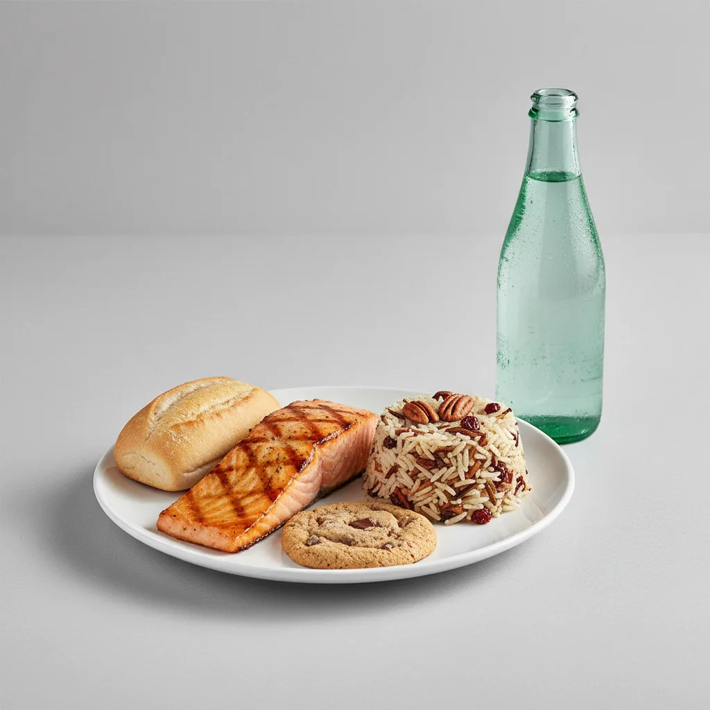 Grilled Salmon, Wild Rice with Pecans, Cookie, Sparkling Water Grilled Salmon, Wild Rice with Pecans, Cookie, Sparkling Water