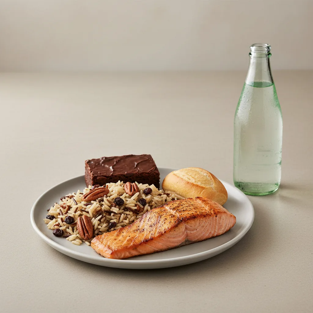 Grilled Salmon, Wild Rice with Pecans, Brownie, Sparkling Water Grilled Salmon, Wild Rice with Pecans, Brownie, Sparkling Water