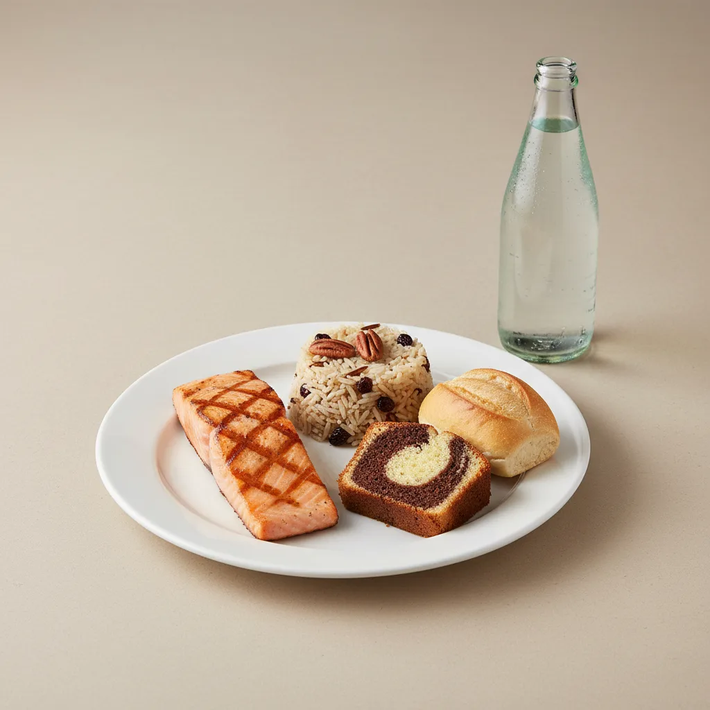 Grilled Salmon, Wild Rice with Pecans, Poundcake, Sparkling Water Grilled Salmon, Wild Rice with Pecans, Poundcake, Sparkling Water