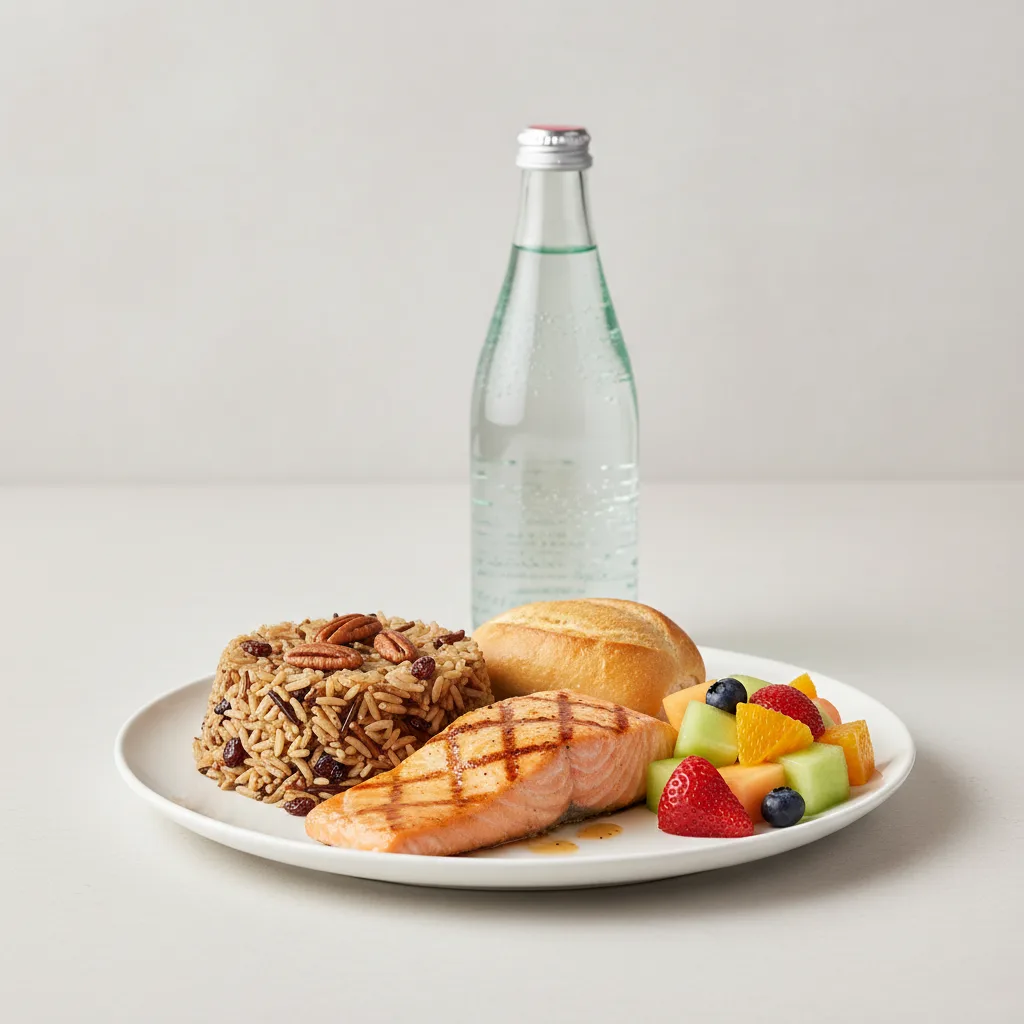 Grilled Salmon, Wild Rice with Pecans, Fruit, Sparkling Water Grilled Salmon, Wild Rice with Pecans, Fruit, Sparkling Water