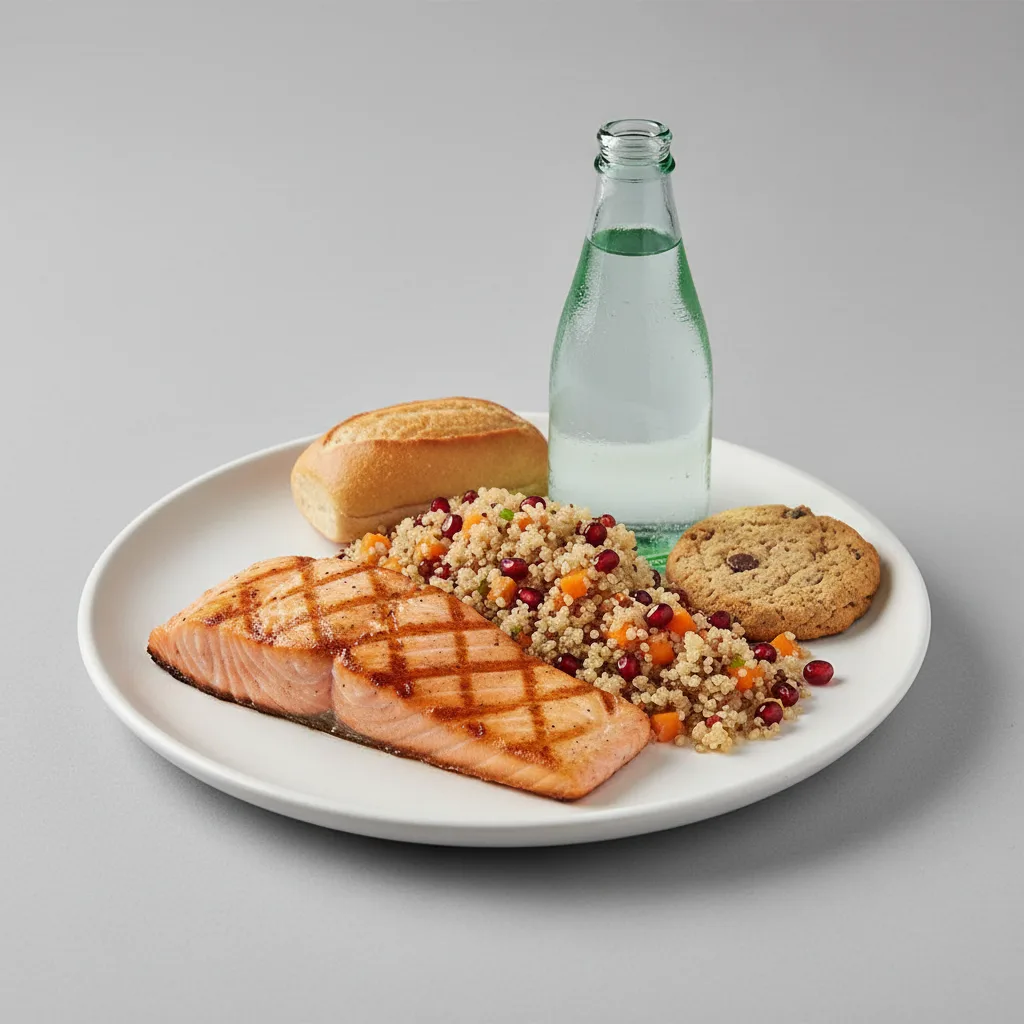 Grilled Salmon, Quinoa, Cookie, Sparkling Water Grilled Salmon, Quinoa, Cookie, Sparkling Water