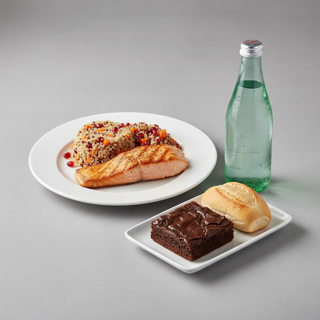 Grilled Salmon, Quinoa, Brownie, Sparkling Water Grilled Salmon, Quinoa, Brownie, Sparkling Water