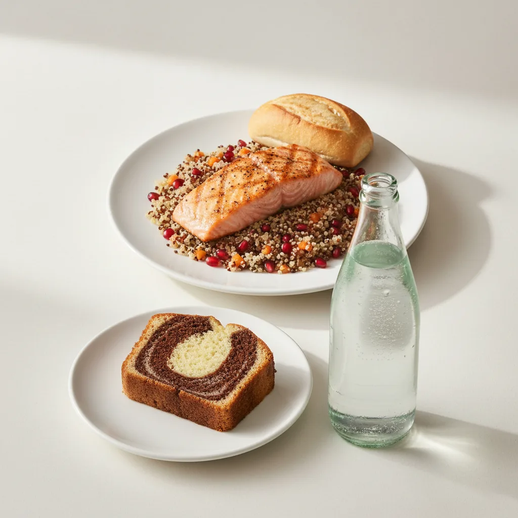 Grilled Salmon, Quinoa, Poundcake, Sparkling Water Grilled Salmon, Quinoa, Poundcake, Sparkling Water