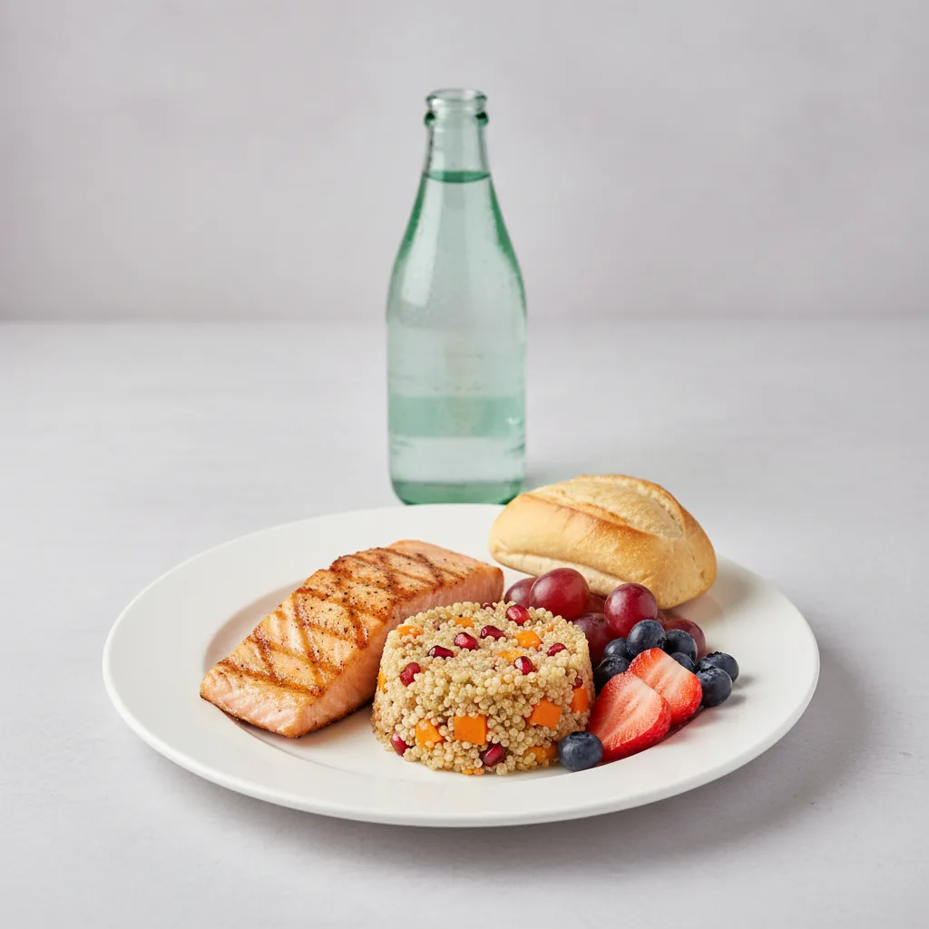 Grilled Salmon, Quinoa, Fruit, Sparkling Water Grilled Salmon, Quinoa, Fruit, Sparkling Water