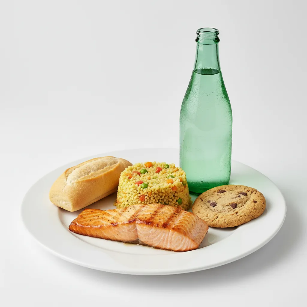 Grilled Salmon, Curried Vegetable Couscous, Cookie, Sparkling Water Grilled Salmon, Curried Vegetable Couscous, Cookie, Sparkling Water