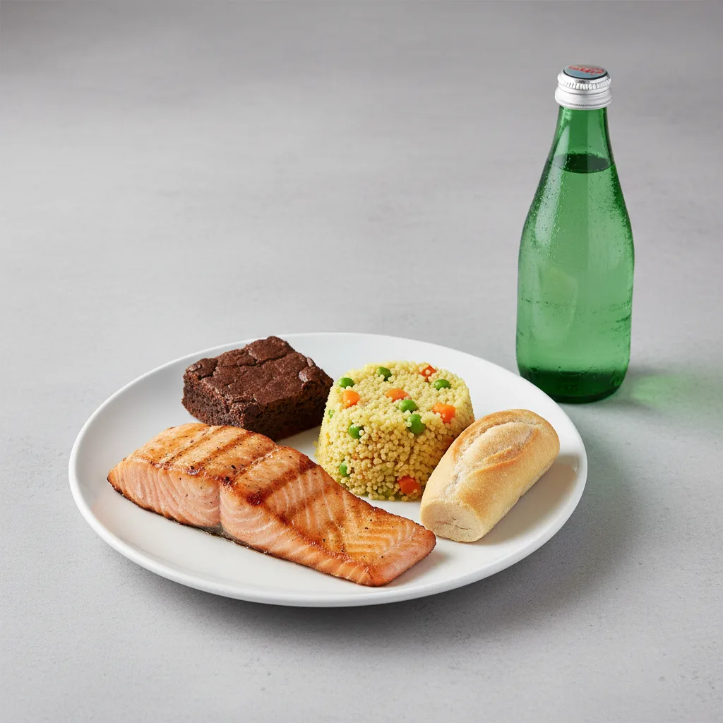 Grilled Salmon, Curried Vegetable Couscous, Brownie, Sparkling Water Grilled Salmon, Curried Vegetable Couscous, Brownie, Sparkling Water