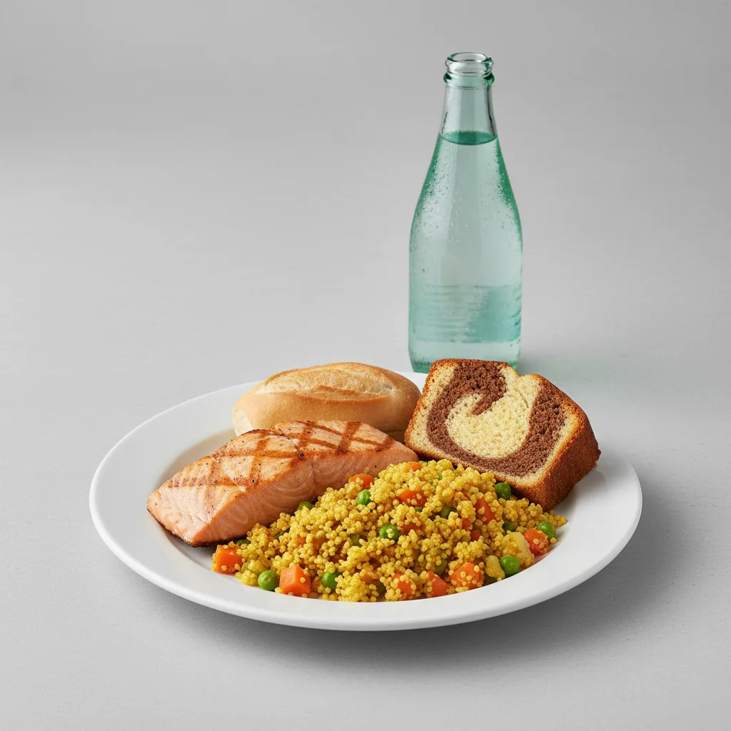 Grilled Salmon, Curried Vegetable Couscous, Poundcake, Sparkling Water Grilled Salmon, Curried Vegetable Couscous, Poundcake, Sparkling Water