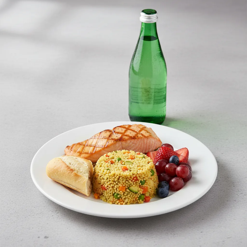 Grilled Salmon, Curried Vegetable Couscous, Fruit, Sparkling Water Grilled Salmon, Curried Vegetable Couscous, Fruit, Sparkling Water