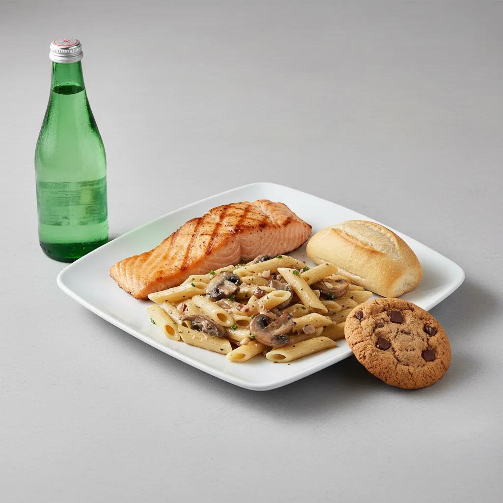 Grilled Salmon, Penne with Mushroom, Cookie, Sparkling Water Grilled Salmon, Penne with Mushroom, Cookie, Sparkling Water