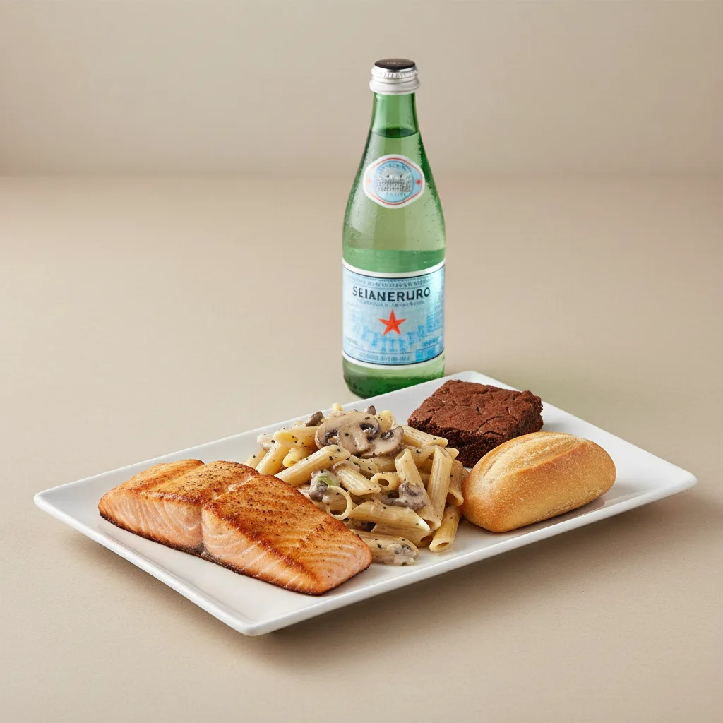 Grilled Salmon, Penne with Mushroom, Brownie, Sparkling Water Grilled Salmon, Penne with Mushroom, Brownie, Sparkling Water