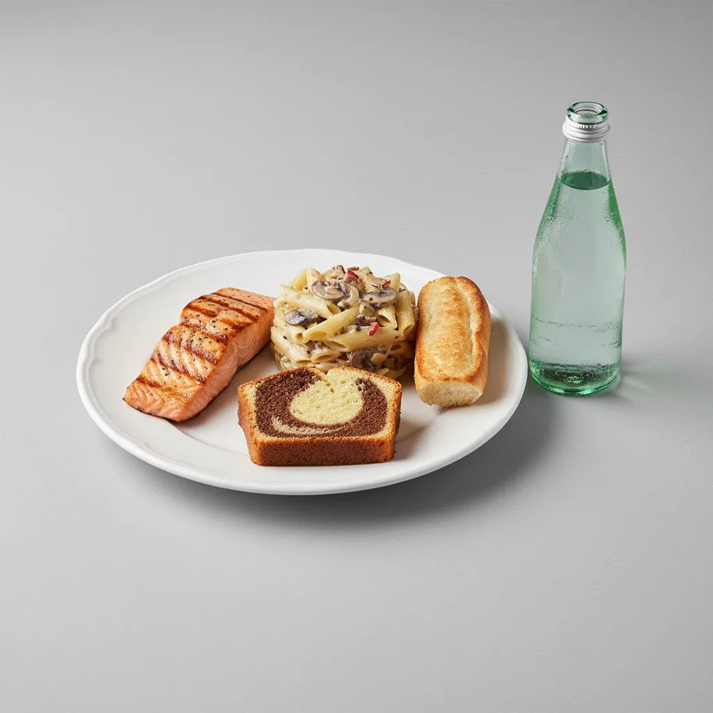 Grilled Salmon, Penne with Mushroom, Poundcake, Sparkling Water Grilled Salmon, Penne with Mushroom, Poundcake, Sparkling Water