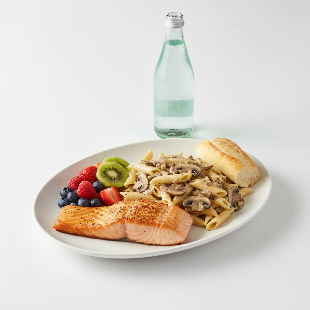 Grilled Salmon, Penne with Mushroom, Fruit, Sparkling Water Grilled Salmon, Penne with Mushroom, Fruit, Sparkling Water