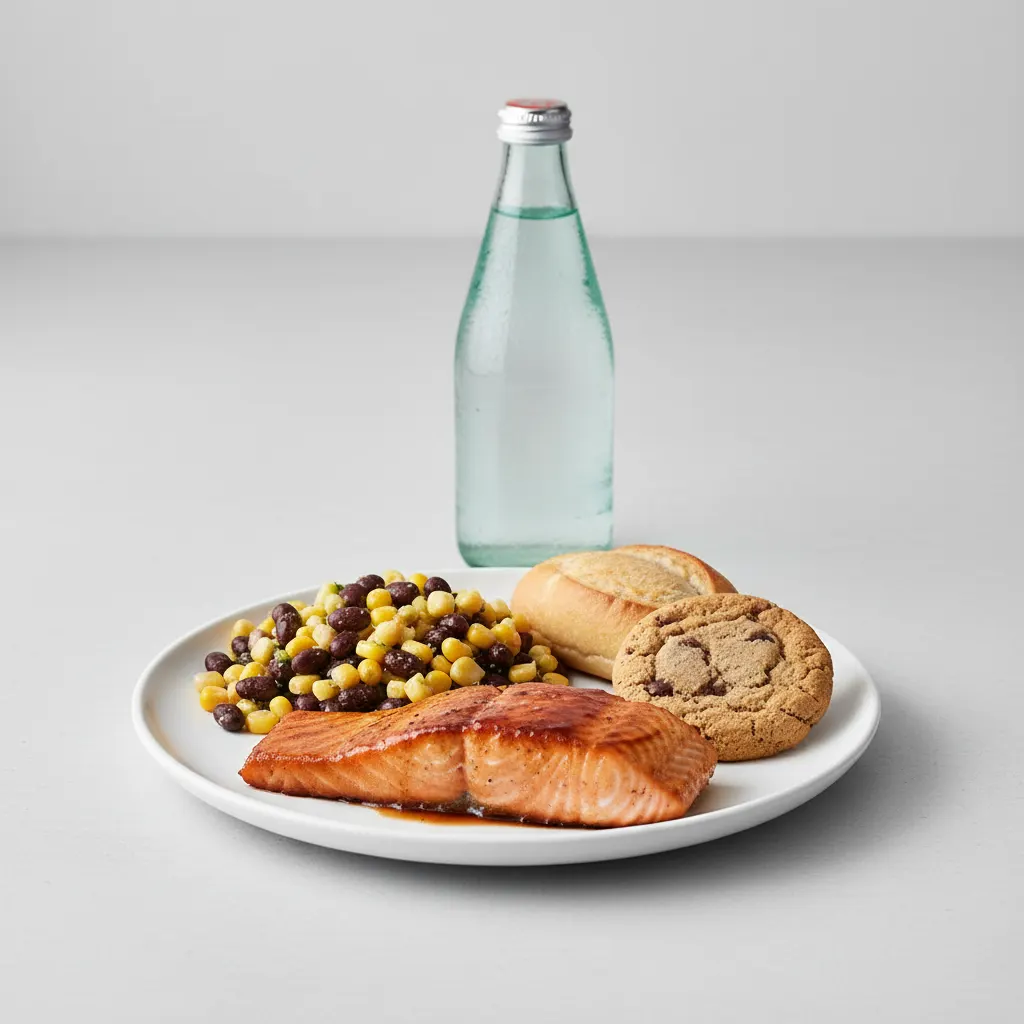 Asian Salmon, Corn and Black Bean Salad, Cookie, Sparkling Water Asian Salmon, Corn and Black Bean Salad, Cookie, Sparkling Water