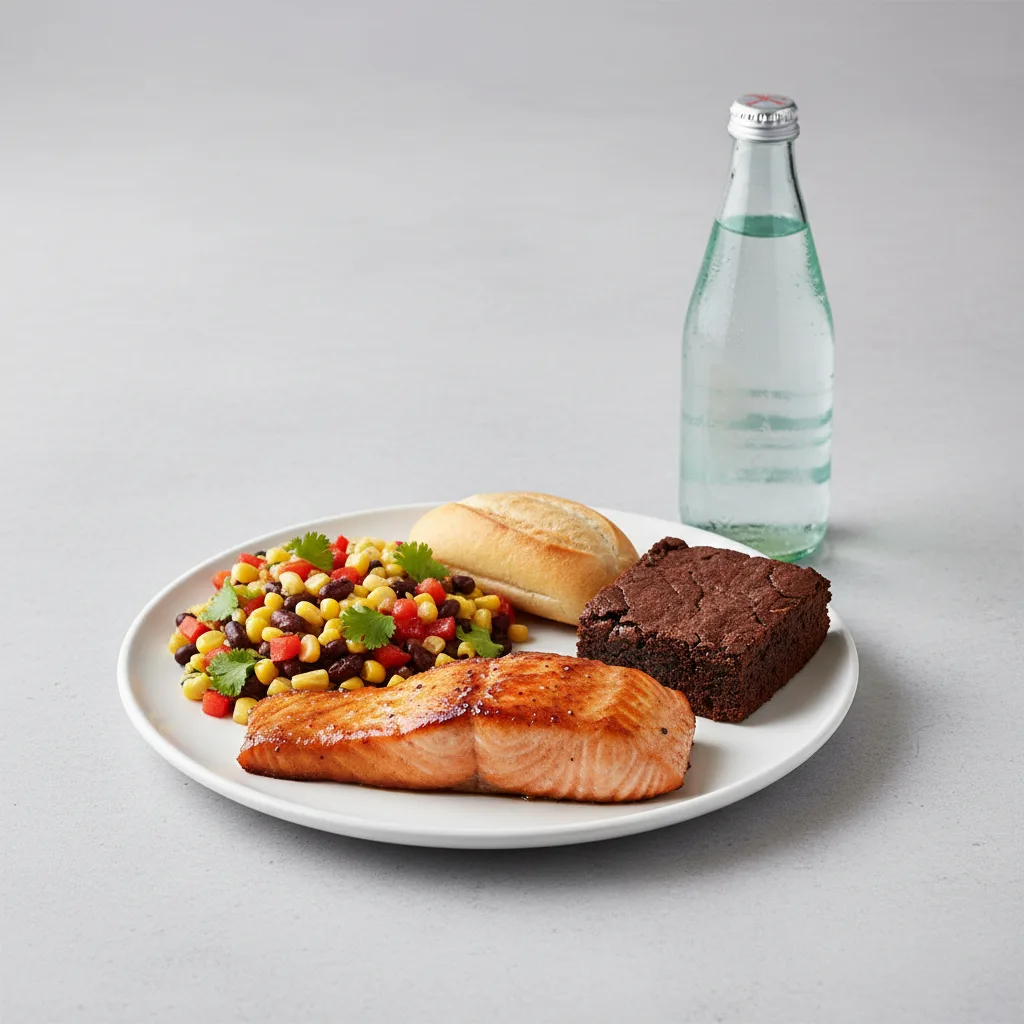Asian Salmon, Corn and Black Bean Salad, Brownie, Sparkling Water Asian Salmon, Corn and Black Bean Salad, Brownie, Sparkling Water