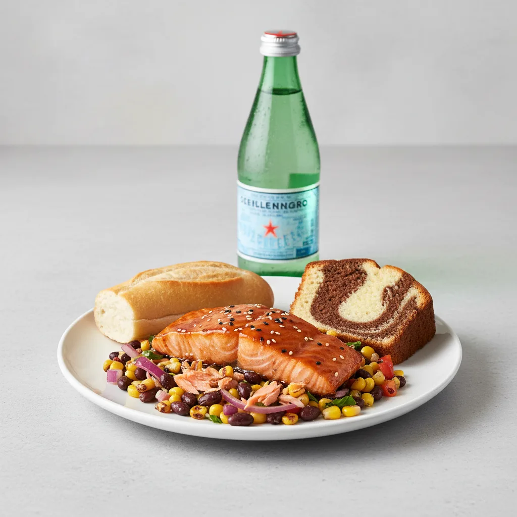 Asian Salmon, Corn and Black Bean Salad, Poundcake, Sparkling Water Asian Salmon, Corn and Black Bean Salad, Poundcake, Sparkling Water