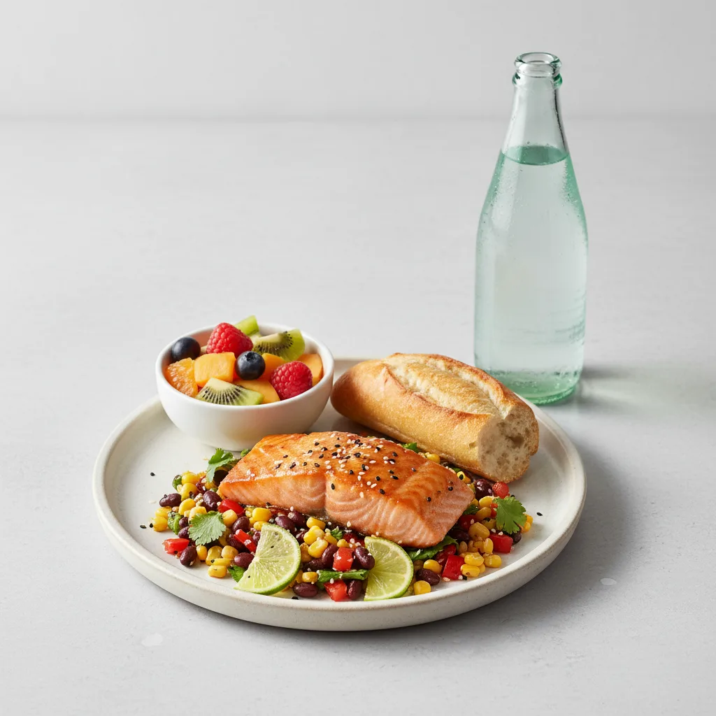 Asian Salmon, Corn and Black Bean Salad, Fruit, Sparkling Water Asian Salmon, Corn and Black Bean Salad, Fruit, Sparkling Water