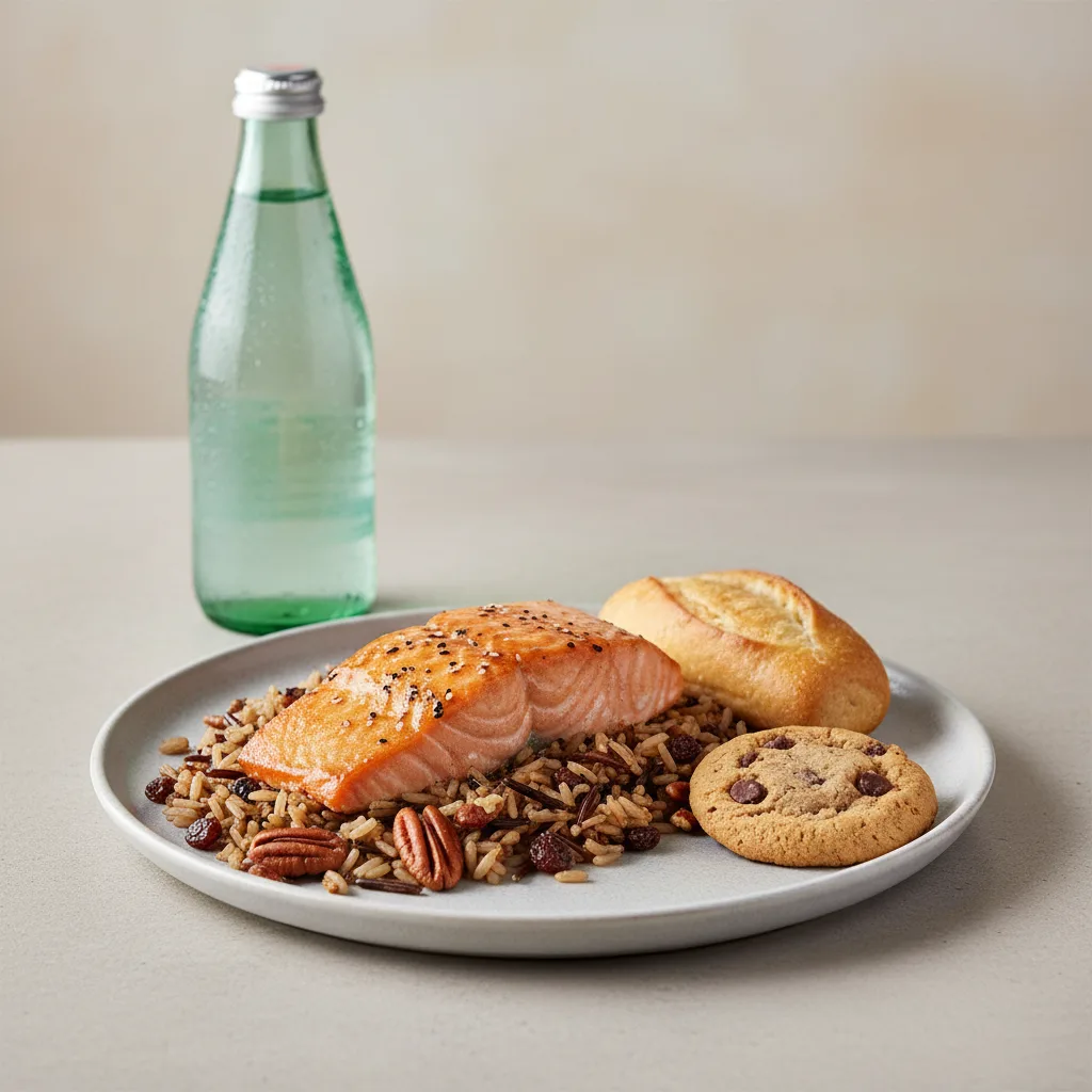 Asian Salmon, Wild Rice with Pecans, Cookie, Sparkling Water Asian Salmon, Wild Rice with Pecans, Cookie, Sparkling Water