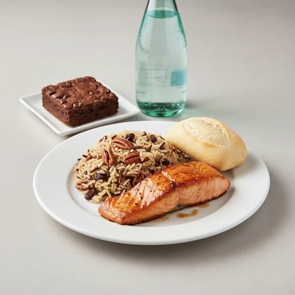 Asian Salmon, Wild Rice with Pecans, Brownie, Sparkling Water Asian Salmon, Wild Rice with Pecans, Brownie, Sparkling Water