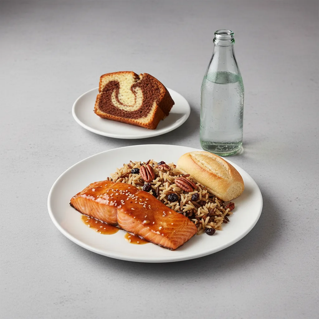 Asian Salmon, Wild Rice with Pecans, Poundcake, Sparkling Water Asian Salmon, Wild Rice with Pecans, Poundcake, Sparkling Water