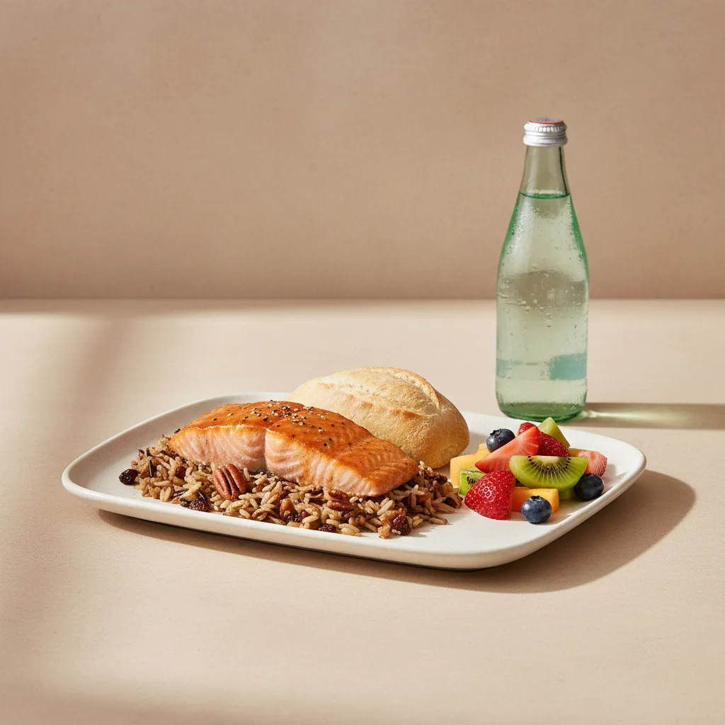 Asian Salmon, Wild Rice with Pecans, Fruit, Sparkling Water Asian Salmon, Wild Rice with Pecans, Fruit, Sparkling Water