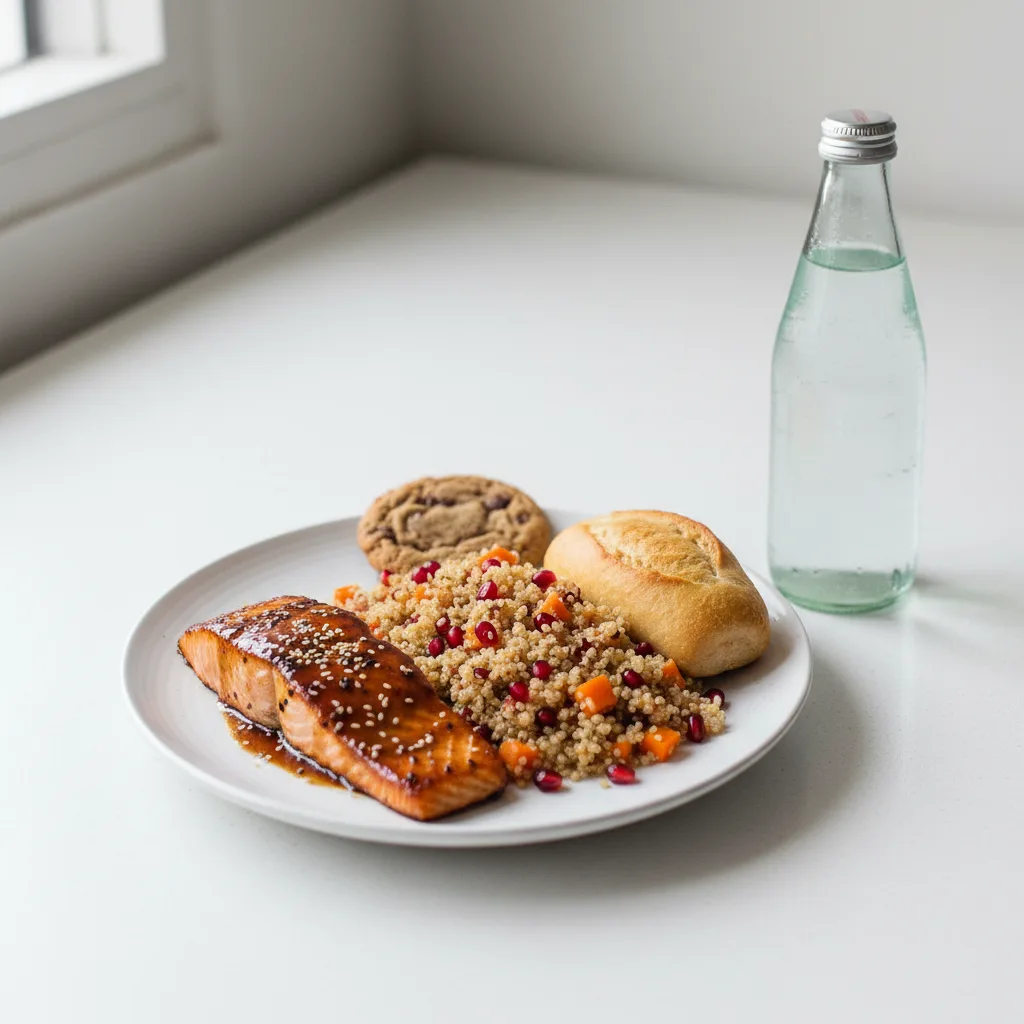 Asian Salmon, Quinoa, Cookie, Sparkling Water Asian Salmon, Quinoa, Cookie, Sparkling Water