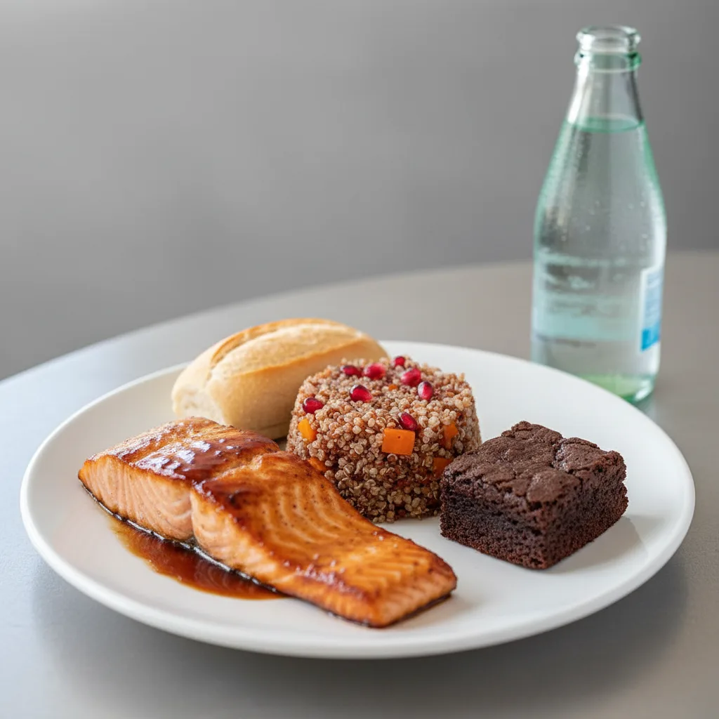 Asian Salmon, Quinoa, Brownie, Sparkling Water Asian Salmon, Quinoa, Brownie, Sparkling Water