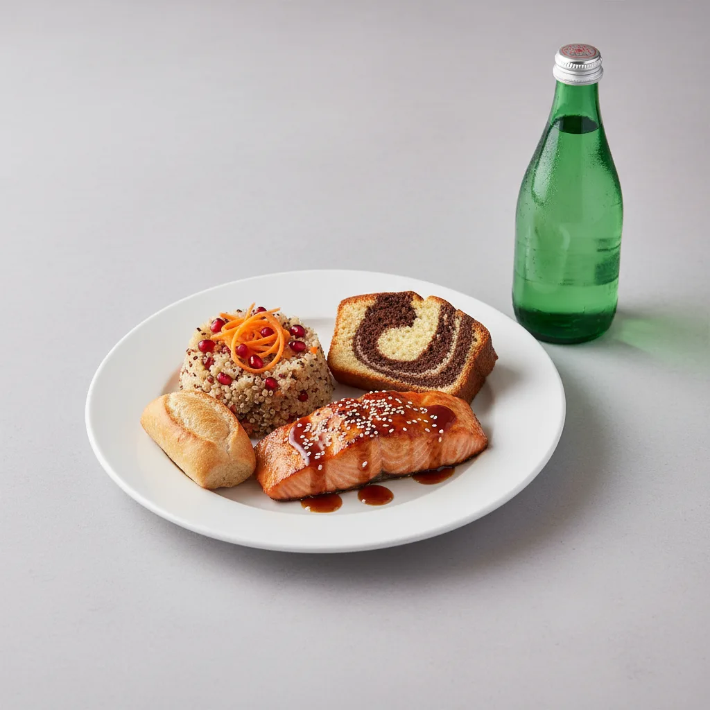 Asian Salmon, Quinoa, Poundcake, Sparkling Water Asian Salmon, Quinoa, Poundcake, Sparkling Water