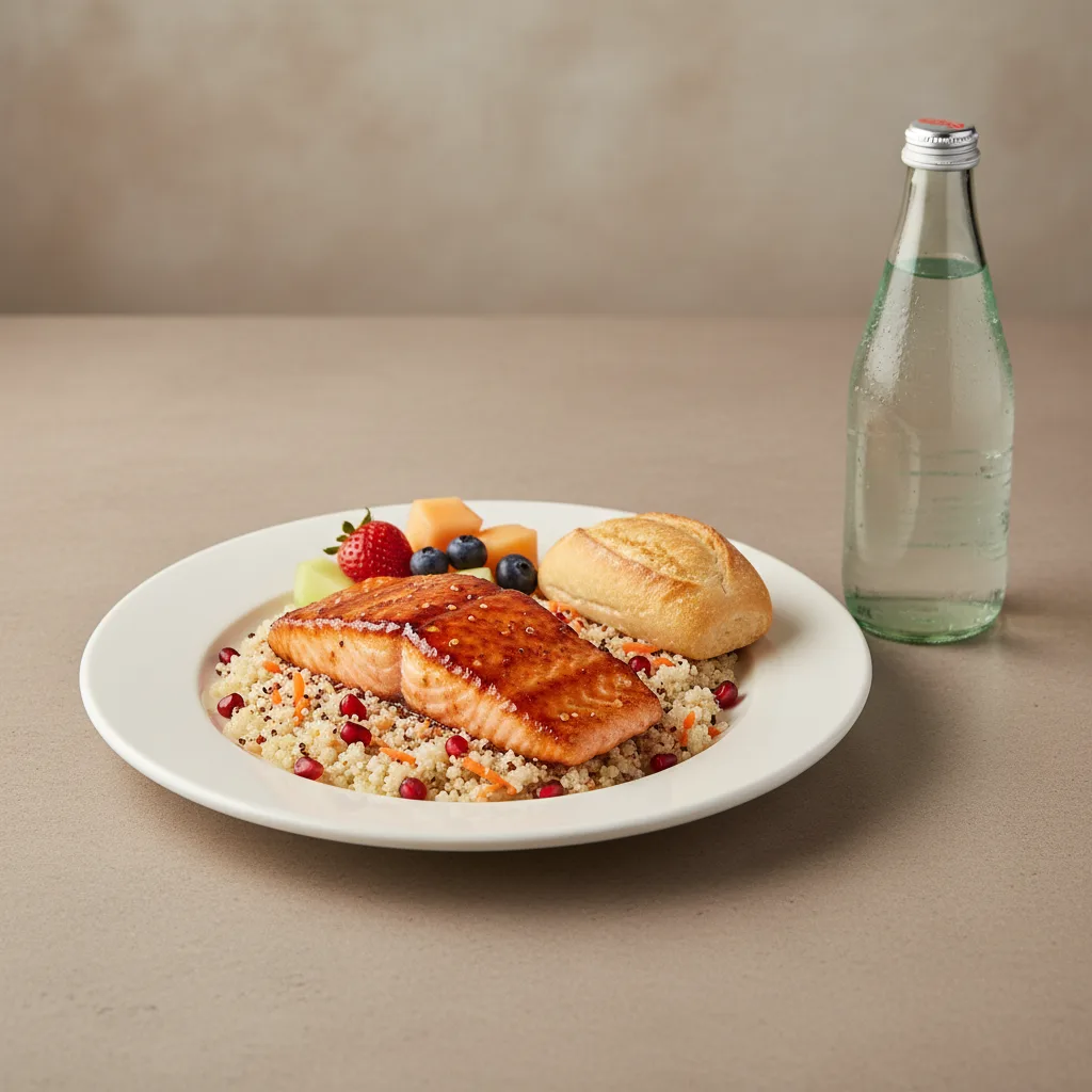 Asian Salmon, Quinoa, Fruit, Sparkling Water Asian Salmon, Quinoa, Fruit, Sparkling Water
