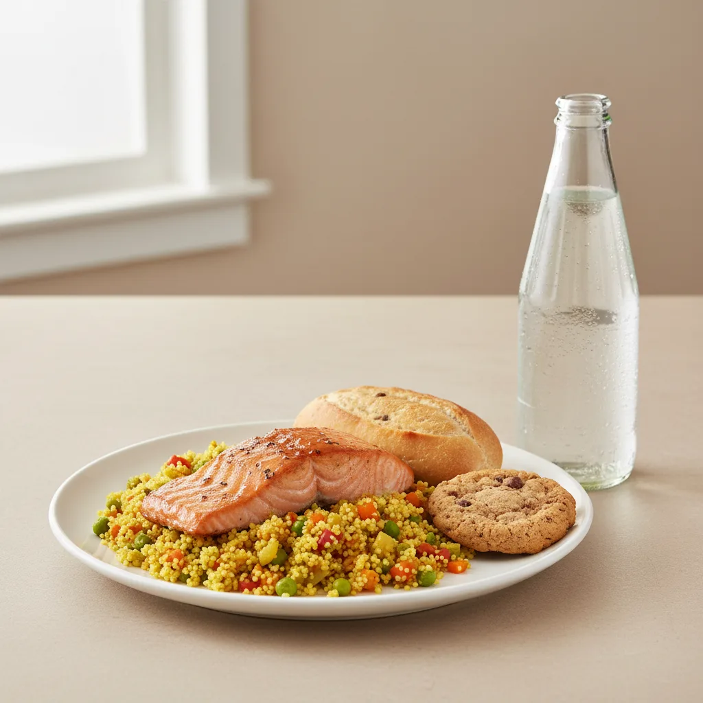 Asian Salmon, Curried Vegetable Couscous, Cookie, Sparkling Water Asian Salmon, Curried Vegetable Couscous, Cookie, Sparkling Water