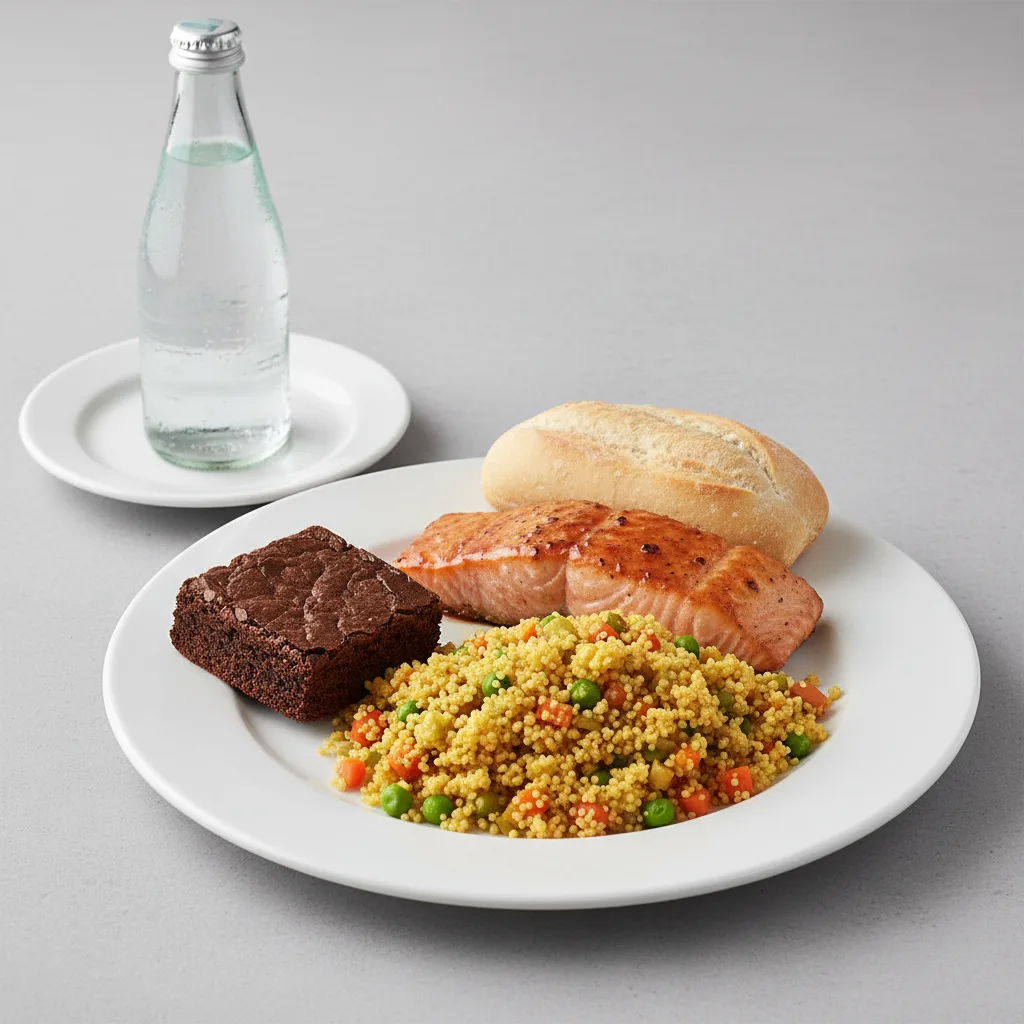 Asian Salmon, Curried Vegetable Couscous, Brownie, Sparkling Water Asian Salmon, Curried Vegetable Couscous, Brownie, Sparkling Water