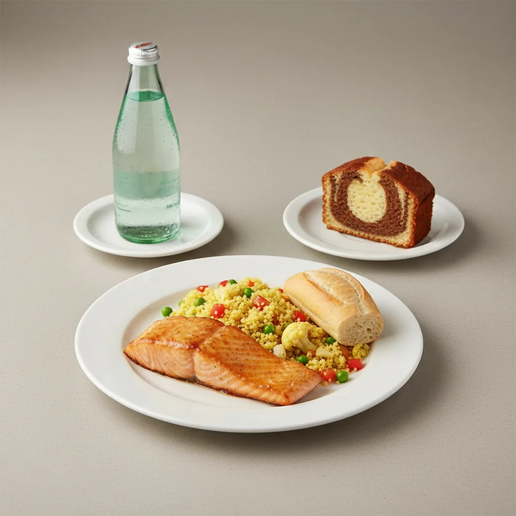 Asian Salmon, Curried Vegetable Couscous, Poundcake, Sparkling Water Asian Salmon, Curried Vegetable Couscous, Poundcake, Sparkling Water