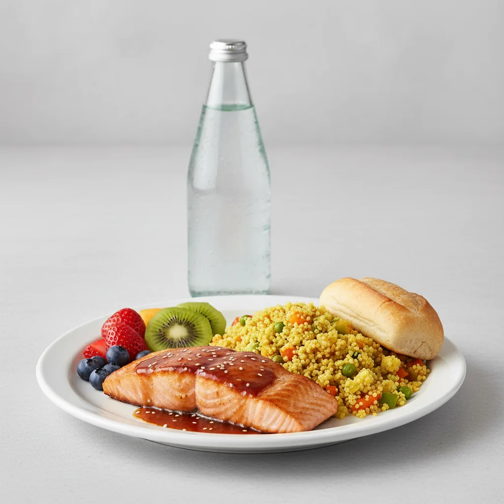 Asian Salmon, Curried Vegetable Couscous, Fruit, Sparkling Water Asian Salmon, Curried Vegetable Couscous, Fruit, Sparkling Water