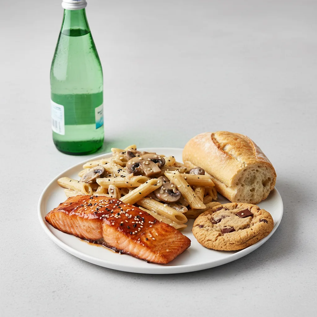 Asian Salmon, Penne with Mushroom, Cookie, Sparkling Water Asian Salmon, Penne with Mushroom, Cookie, Sparkling Water