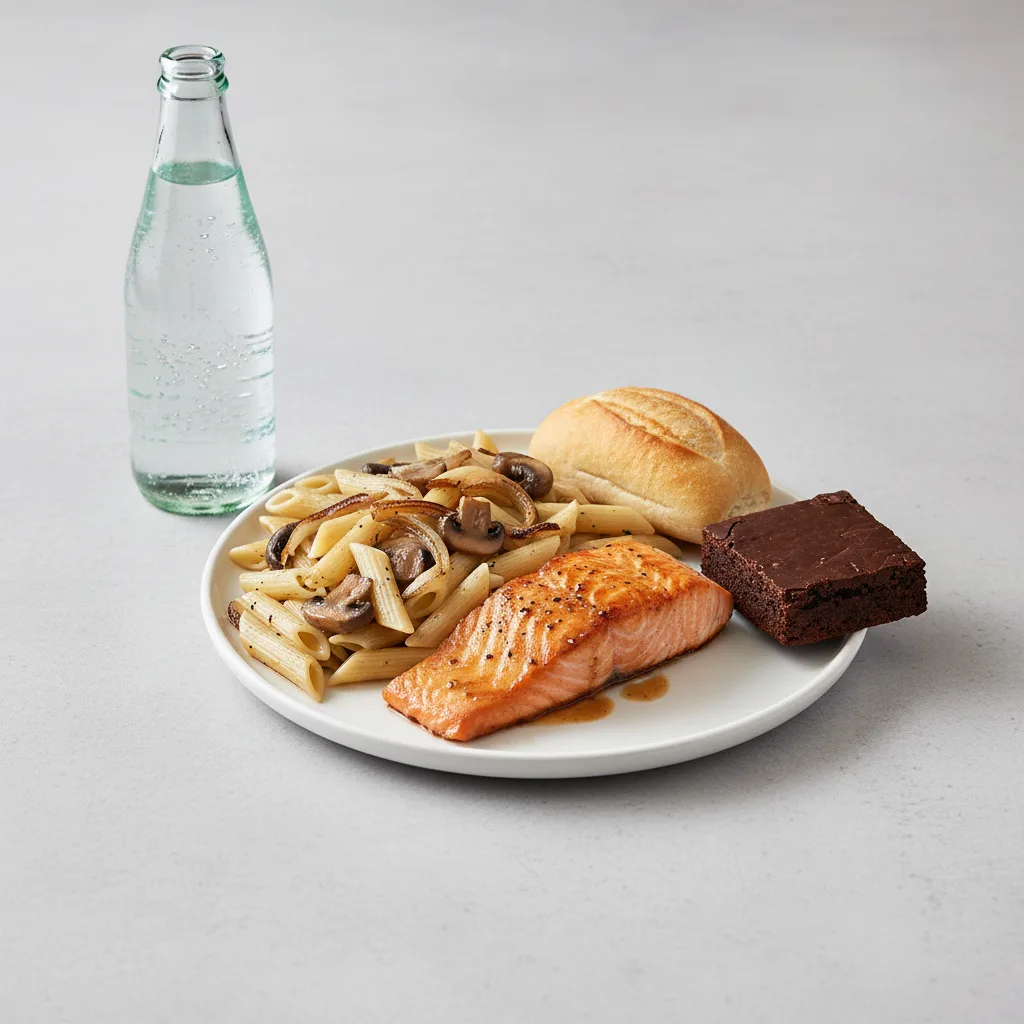 Asian Salmon, Penne with Mushroom, Brownie, Sparkling Water Asian Salmon, Penne with Mushroom, Brownie, Sparkling Water