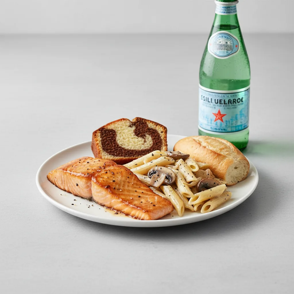 Asian Salmon, Penne with Mushroom, Poundcake, Sparkling Water Asian Salmon, Penne with Mushroom, Poundcake, Sparkling Water