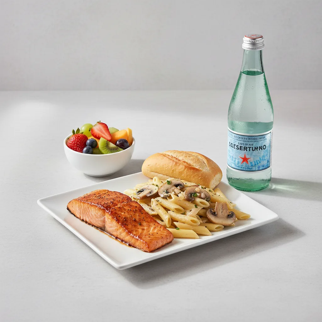 Asian Salmon, Penne with Mushroom, Fruit, Sparkling Water Asian Salmon, Penne with Mushroom, Fruit, Sparkling Water