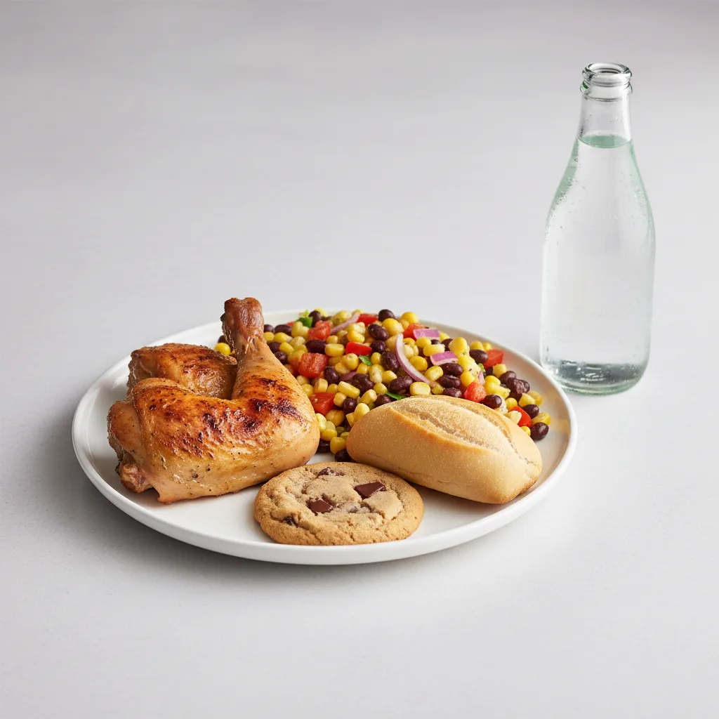 Spit-roasted Chicken, Corn and Bean Salad, Cookie, Sparkling Water Spit-roasted Chicken, Corn and Bean Salad, Cookie, Sparkling Water