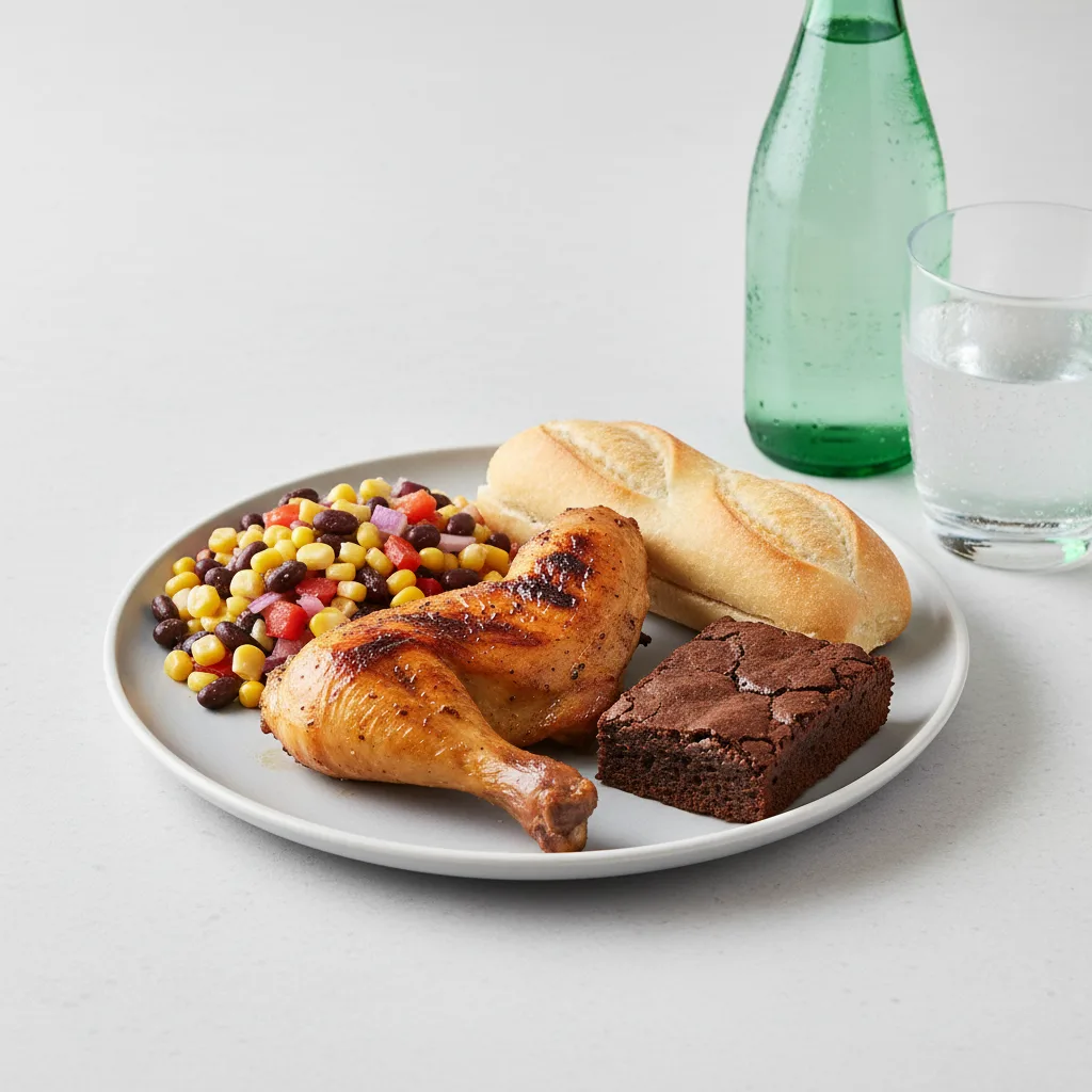 Spit-roasted Chicken, Corn and Bean Salad, Brownie, Sparkling Water Spit-roasted Chicken, Corn and Bean Salad, Brownie, Sparkling Water