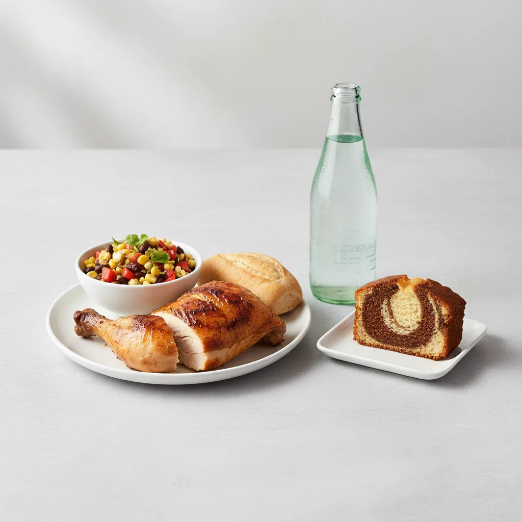 Spit-roasted Chicken, Corn and Bean Salad, Poundcake, Sparkling Water Spit-roasted Chicken, Corn and Bean Salad, Poundcake, Sparkling Water