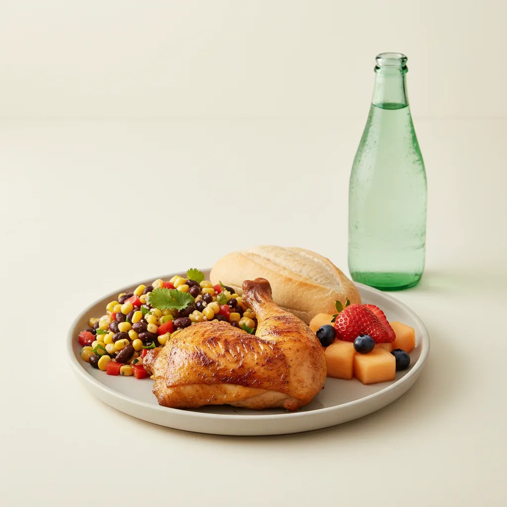 Spit-roasted Chicken, Corn and Bean Salad, Fruit, Sparkling Water Spit-roasted Chicken, Corn and Bean Salad, Fruit, Sparkling Water