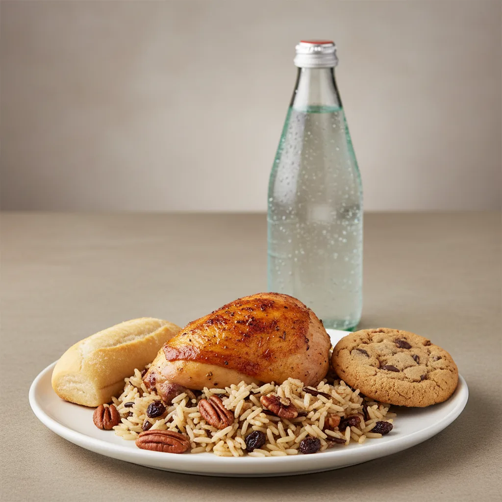 Spit-roasted Chicken, Wild Rice with Pecans, Cookie, Sparkling Water Spit-roasted Chicken, Wild Rice with Pecans, Cookie, Sparkling Water