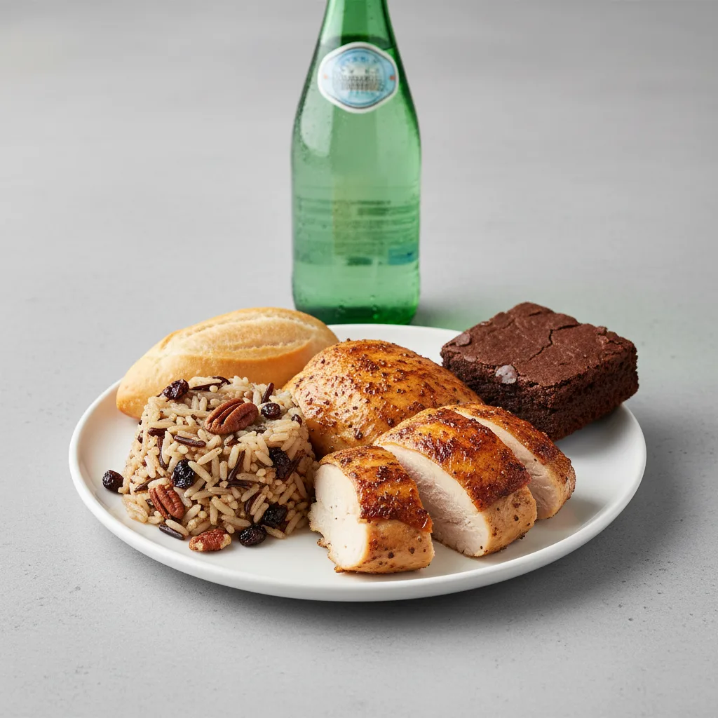 Spit-roasted Chicken, Wild Rice with Pecans, Brownie, Sparkling Water Spit-roasted Chicken, Wild Rice with Pecans, Brownie, Sparkling Water