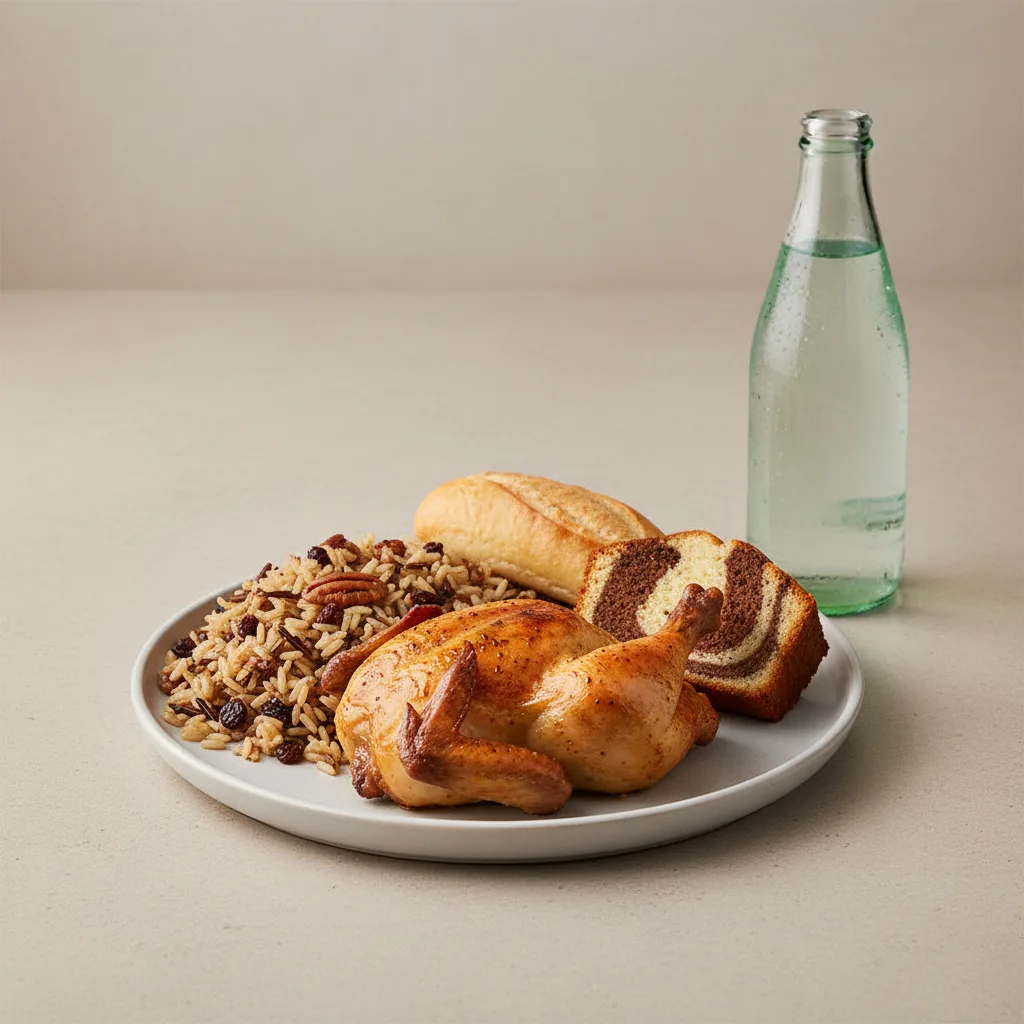 Spit-roasted Chicken, Wild Rice with Pecans, Poundcake, Sparkling Water Spit-roasted Chicken, Wild Rice with Pecans, Poundcake, Sparkling Water