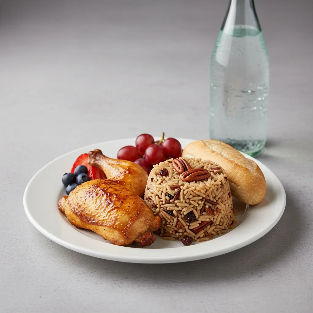 Spit-roasted Chicken, Wild Rice with Pecans, Fruit, Sparkling Water Spit-roasted Chicken, Wild Rice with Pecans, Fruit, Sparkling Water
