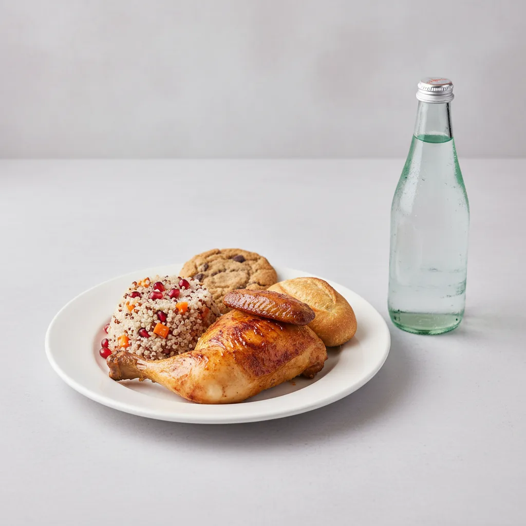 Spit-roasted Chicken, Quinoa, Cookie, Sparkling Water Spit-roasted Chicken, Quinoa, Cookie, Sparkling Water